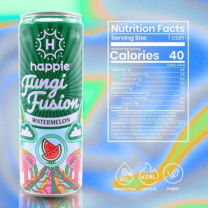 Happie Fungi Fusion Watermelon – Sparkling Mushroom Drink with Lion's Mane (900mg) Cordyceps &amp Reishi – Caffeine-Free Functional Beverage Zero Sugar Vegan Adaptogen Soda Alternative (12 Pack)