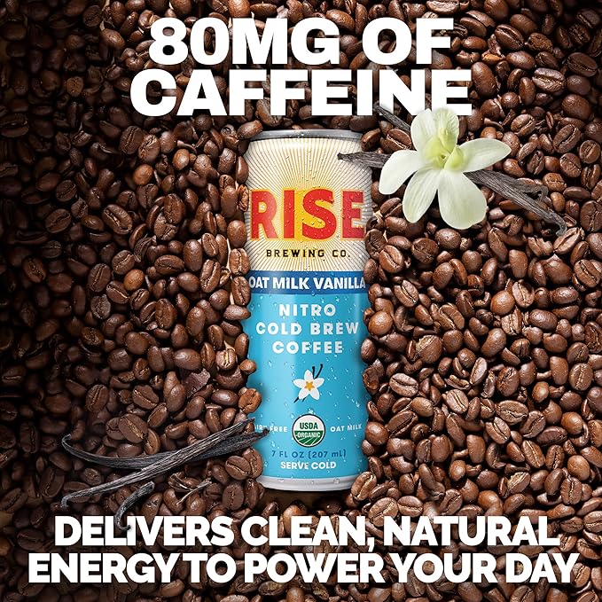 RISE Brewing Co. Vanilla Oat Milk Nitro Cold Brew Coffee No Sugar Added &amp No Dairy Organic &amp Non-GMO Low Acidity &amp Vegan 7 Fl. Oz. Cans