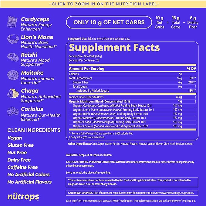 Nutrops Lions Mane Mushroom Gummies for adults Functional Nootropics Herbal Brain Supplement for Energy Brain Health Cognitive Memory &amp Focus Reishi Chaga Cordyceps Coriolus 28 daily Pac