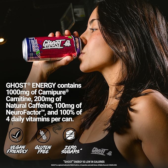 GHOST Energy Drink - 12-Pack Welch's Grape-Cran 16oz Cans - Energy &amp Focus &amp No Artificial Colors - 200mg of Natural Caffeine L-Carnitine &amp Taurine - Gluten-Free &amp Vegan