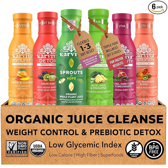 Karviva Organic Juice Cleanse Weight Control Pack - Ancient Remedies to Curb Sugar Cravings Prebiotic Detox with Anti-Bloat Support High Fiber Sprouts Aloe &amp Adaptogens for Digestion &amp Gent