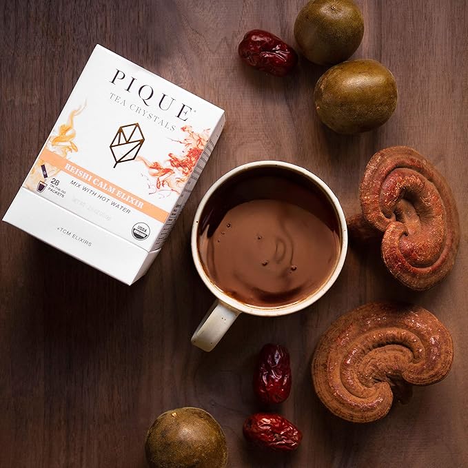 Pique Organic Reishi Mushroom Tea - Caffeine-Free Herbal Tea Adaptogen Powder for Rejuvenating Sleep and Rest Supports Healthy Immune System - 28 Single Servings (1 Pack)