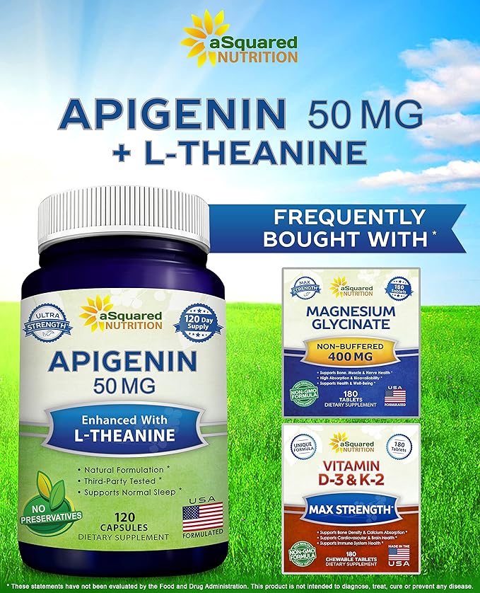 aSquared Nutrition Apigenin 50mg &amp L-Theanine 200mg - 120 Capsules - Apigenin Supplement Pills for Sleep and Relaxation - Natural Bioflavonoid Extract Found in Chamomile Tea