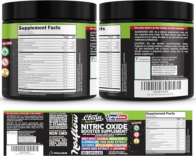 NosFlow Nitric Oxide Supplements for Men | Beet Root Taurine L-Arginine Malic Acid L-Arginine L-Citrulline Pine Bark Glycerol Agmatine Grape Seed Vitamin C B12 B3 By Clean Nutra