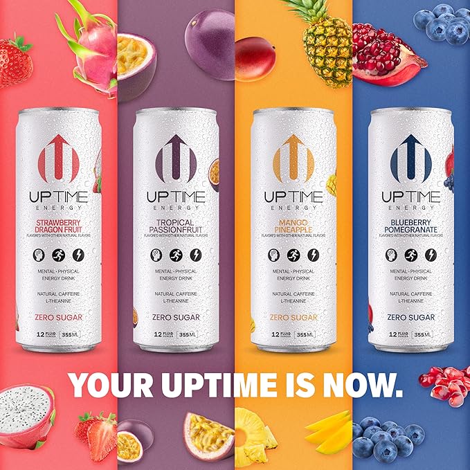 UPTIME - Tropical Variety 12 Pack - Zero Sugar Premium Energy Drink 12oz Cans Natural Caffeine Natural Flavors