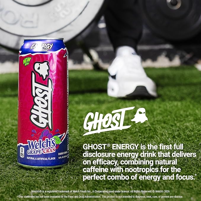 GHOST Energy Drink - 12-Pack Welch's Grape-Cran 16oz Cans - Energy &amp Focus &amp No Artificial Colors - 200mg of Natural Caffeine L-Carnitine &amp Taurine - Gluten-Free &amp Vegan