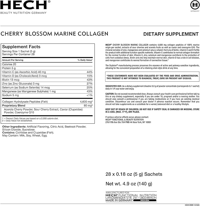 Cherry Blossom Marine Collagen - Drink Sachets for Youthful Glow with 4600 mg of Marine Collagen and an Antioxidant Matrix with Natural Plant Extracts
