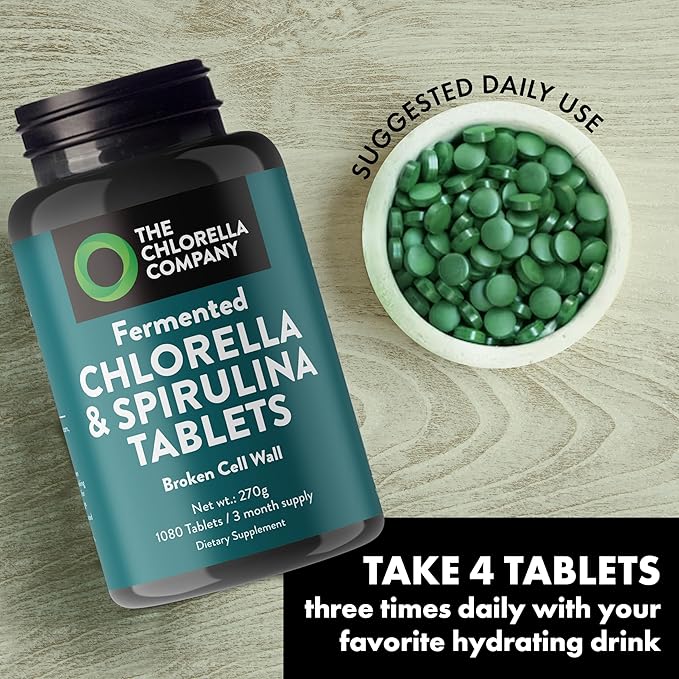 Fermented Chlorella &amp Spirulina Tablets Broken Cell Wall for Nutrient Absorption Vegan Superfood for Detox &amp Energy Algae Supplement Non-GMO (3 Month Supply)