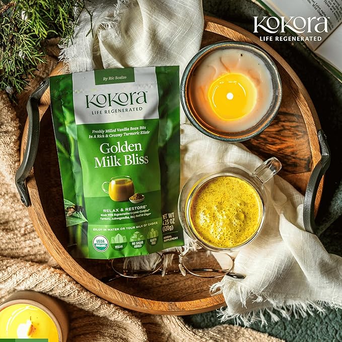 Kokora Golden Milk Bliss - Relax Restore Calm the Mind* - Regenerative Organic Certified Turmeric Ashwagandha Holy Basil &amp Ginger - Vegan Non-GMO No Added Sugar - 120g - 30 Servings