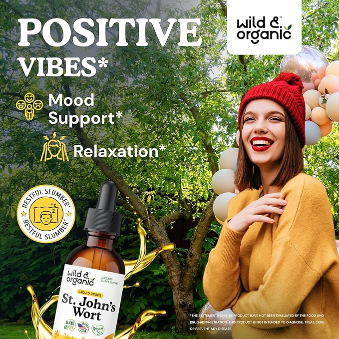 Wild &amp Organic St Johns Wort Tincture - Mood Support - Relaxing St. John's Wort Supplement - Liquid Hypericum Perforatum Herb Drops - Vegan Sugar &amp Alcohol-Free - 2 fl oz