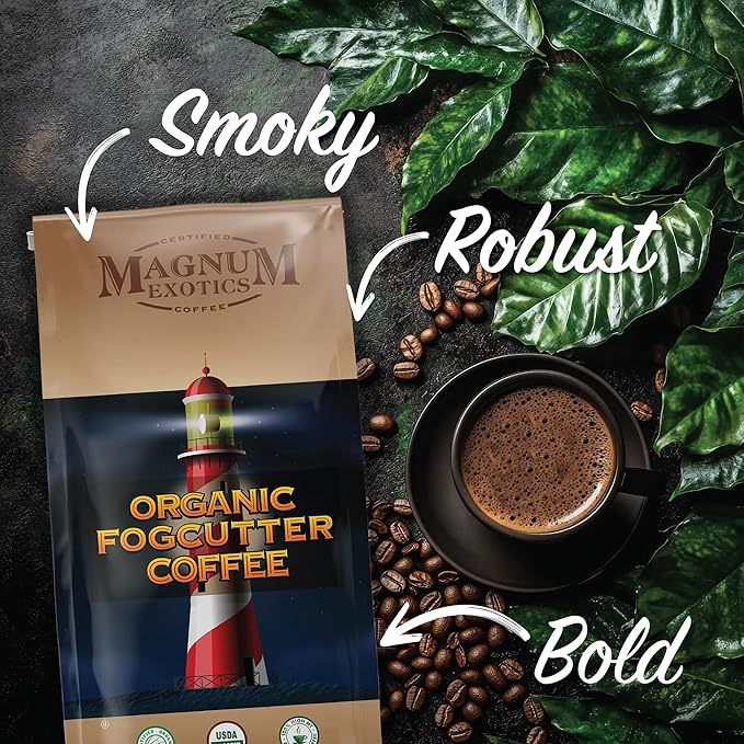 Magnum Exotics Organic Fogcutter Whole Bean Coffee - Dark Roast Coffee Beans Caffeinated Roasted Bulk Brew Rich &amp Smooth Flavor Fresh Roast - 32 oz (2 lb) Bag