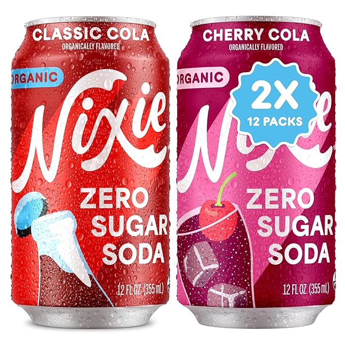 Nixie Organic Zero Sugar Soda Classic Cola &amp Cherry Cola 0 Sugar 0 Calories Healthy Soda Pop Non-GMO 12oz Cans (24 Pack)