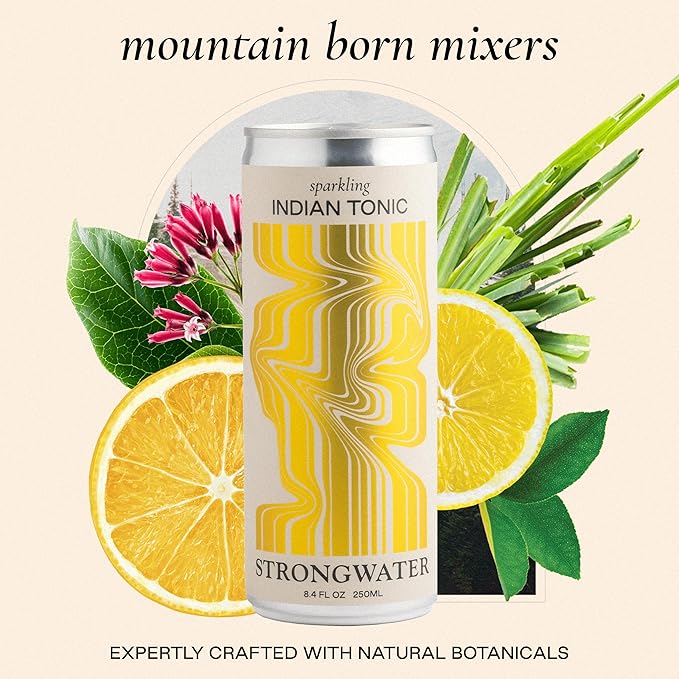 Strongwater Sparkling Indian Tonic Water - 12 Pack Cans (8.4 Fl Oz Each) - Premium Mixer with Quinine Rocky Mountain Water &amp Botanicals - No Added Preservatives Zero Sugar