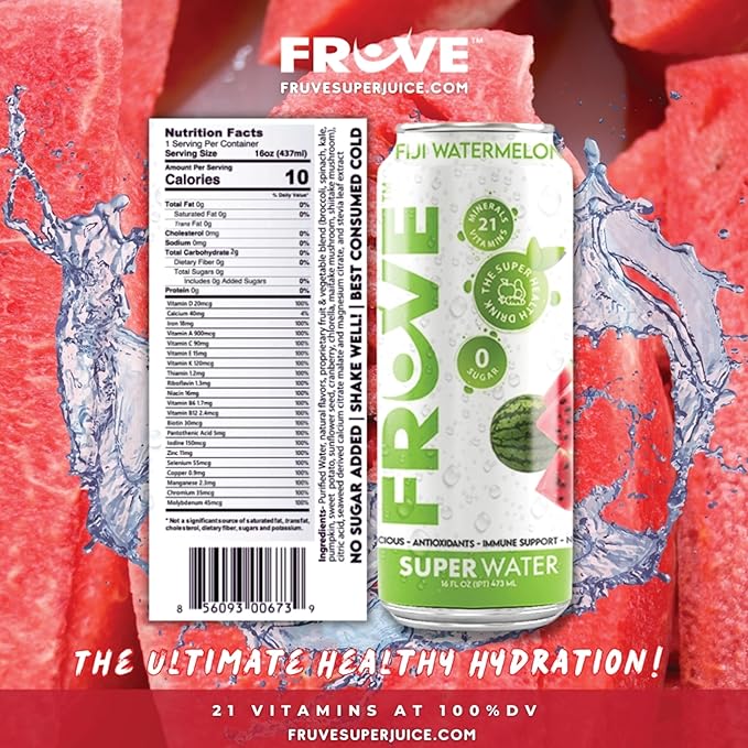 FrUve Super Water | Fiji Watermelon Flavor | 12 16oz Cans | Healthy Drink | Zero Sugar | Low Calorie Drink | Powerful Antioxidants | Boosts Immune System | NON-GMO | The Super Health Drink