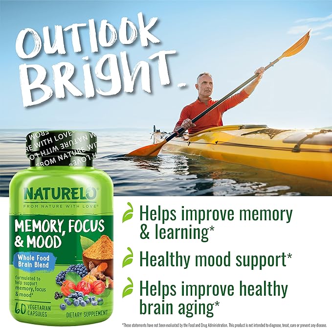 NATURELO Whole Food Brain Supplement - Brain Health Supplements for Memory &amp Focus Support - Enhance Brain Health Blend Supplement for Adults - 60 Vegetarian Capsules