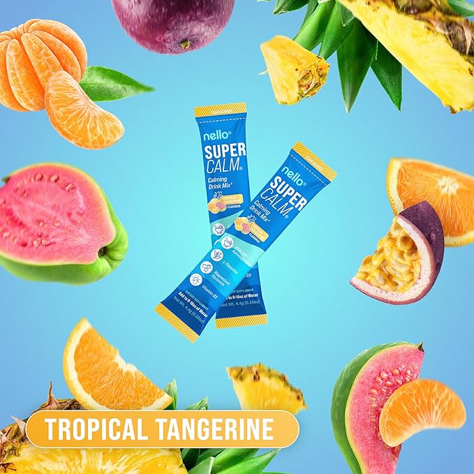 Nello Supercalm Powdered Drink Mix Cortisol Reducer* and Sleep Aid Supplement L Theanine Ksm-66 Ashwagandha Magnesium Glycinate Vitamin D 3 No Sugar Non GMO 20 Ct Tropical Tangerine