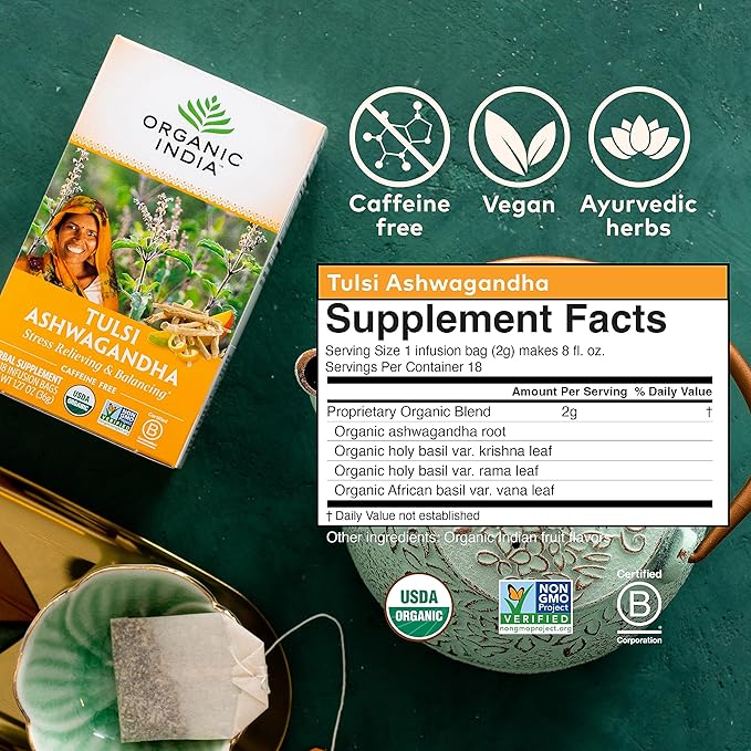 ORGANIC INDIA Calming Tulsi Ashwagandha Tea - Organic Tea Bags Holy Basil Vegan USDA Certified Organic Non-GMO Caffeine Free - 18 Infusion Bags 6 Pack