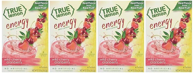 True Lemon (Energy Drinks) Wild Cherry Cranberry 4 boxes 24ct instant powdered drink mix packets by True Citrus (Pack of 2)