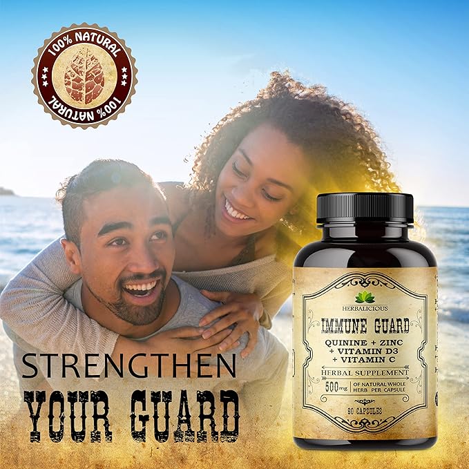 HERBALICIOUS Quinine Immune Guard - Quinine Capsules Supplement with Vitamin C D3 Zinc - for Muscle Cramps Relief &amp Stomach Wellness - Non-GMO Cinchona Bark Herbal Supplements - 500mg 60 Capsul
