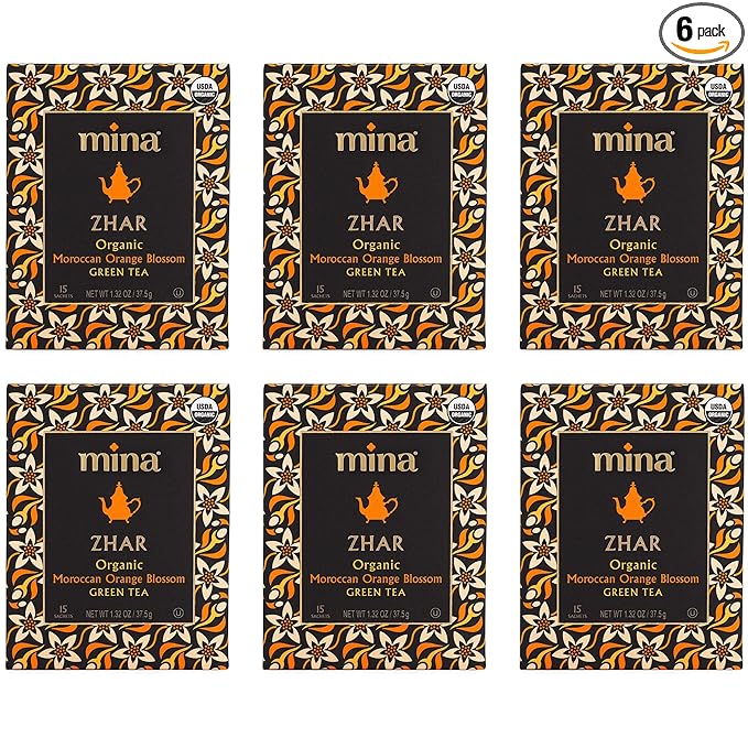 Mina Zhar Organic Moroccan Orange Blossom Green Tea 15 Biodegradable Sachets (Pack of 6) - Refreshing Sencha Green Tea Bags Low in Caffeine Orange Blossom Tea Bags