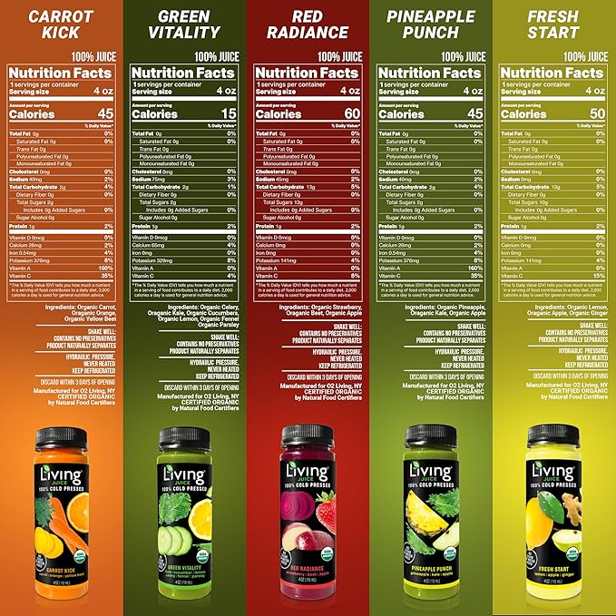 O2 Living Juice Cold Pressed Drink - Fresh Start Organic Juice Pack - No Added Sugars or Water Naturally Sweetened from Fruits Rich in Nutrients &amp Vitamins - Refreshing &amp Non-GMO - 4 fl oz