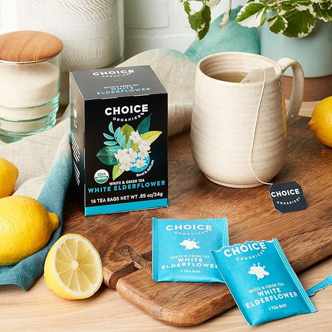 Choice Organic White Elderflower &amp Green Tea Caffeinated 16 Bags (Pack Of 6)