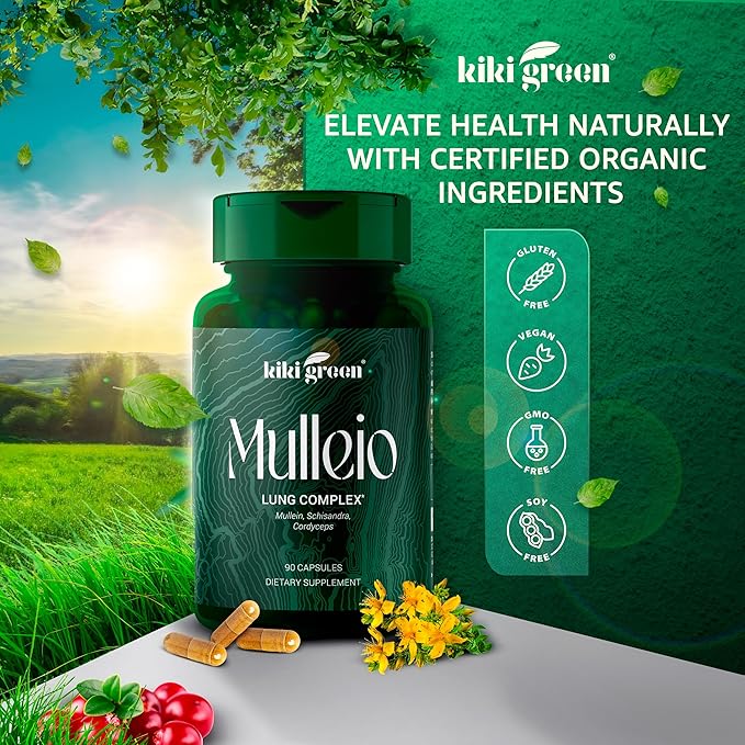 KIKI Green Mulleio Lung Health Capsules: Vegan Herbal Supplement for Cleanse Better Function Respiratory Support - Mullein Cordyceps Schisandra - 90 Count for Daily Use