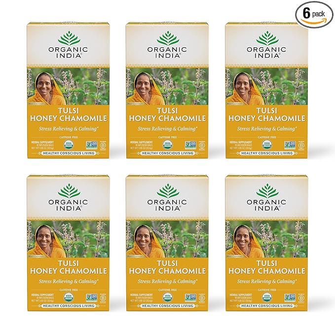 Organic India Tulsi Honey Chamomile Herbal Tea - Holy Basil Stress Relieving &amp Calming Immune Support Adaptogen Vegan USDA Certified Organic Caffeine-Free - 18 Infusion Bags 6 Pack