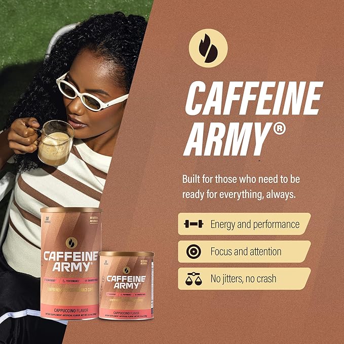 CAFFEINE ARMY Cappuccino | Functional Coffee with Collagen Peptides MCTs CoQ10 and Adaptogens: Clean Energy Supports Daily Attention No Jitters or Crash (7.8 oz 22 Servings)