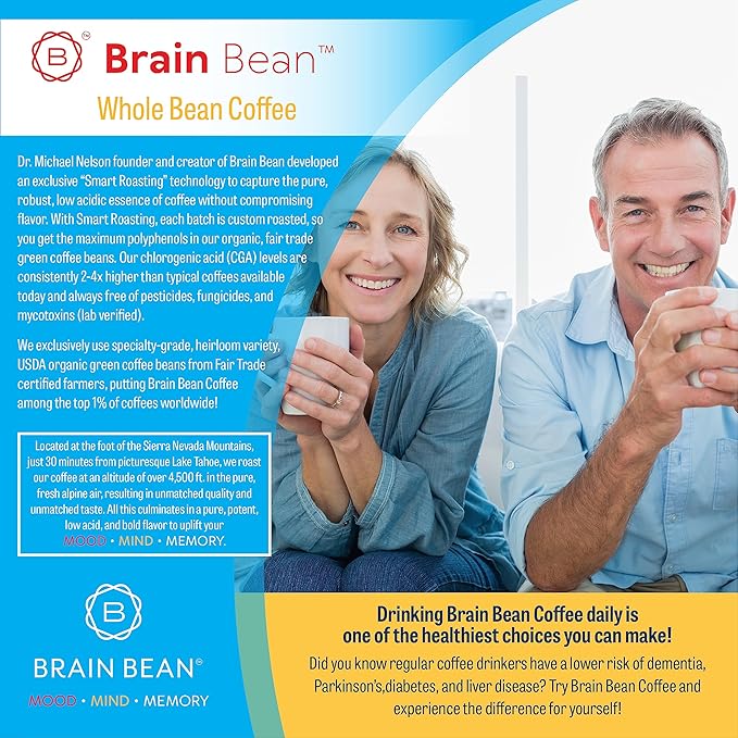 Brain Bean Organic Coffee – Smooth Taste &amp Rich Medium Roast – High Antioxidant &amp USDA certified organic for Cognitive Support Mood Enhancement &amp Toxin Removal - Whole Bean Coffee – 16 oz