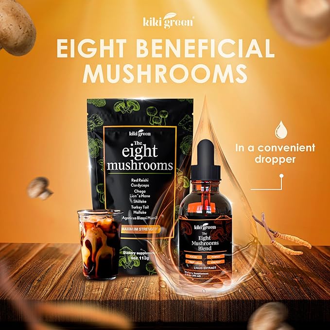Kiki Green 8 Mushrooms Liquid Extract Drops - Adaptogenic Complex for Cognitive Support Immunity Boost - Lions Mane Supplement Cordyceps Chaga Reishi Shiitake Maitake Red Reishi