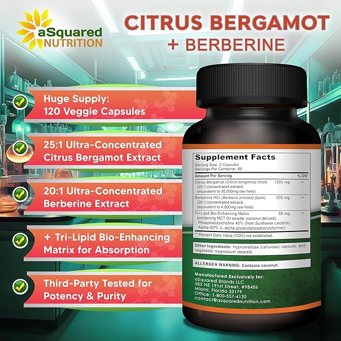 aSquared Nutrition Citrus Bergamot with Berberine Supplement - 1400mg Per Serving Max Strength Complex - 120 Capsules - Supports Cardiovascular Health - Pills Alternative to Gummies &amp Liquid Drops