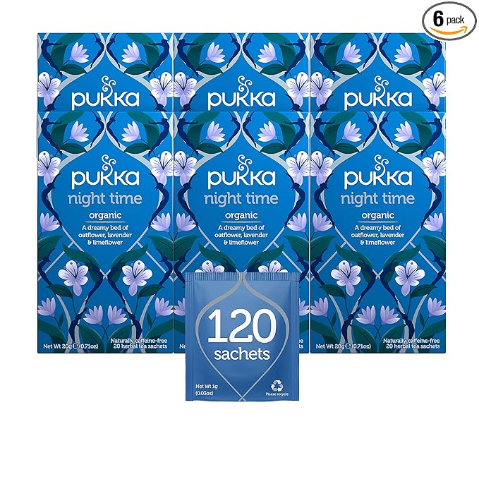 Pukka Organic Tea Bags Night Time Herbal Tea with Chamomile Lavendar &amp Valerian Perfect for Easing into a Soothing Sleep 20 Count (Pack of 6) 120 Tea Bags