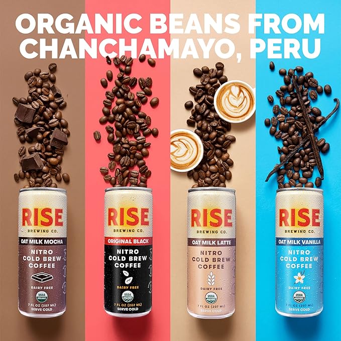 RISE Brewing Co. Nitro Cold Brew Coffee Organic Non-GMO Clean Energy &amp Low Acidity 3x Original Black Oat Milk Latte Oat Milk Mocha &amp Oat Milk Vanilla 7 Fl. oz. Cans (12 pack)
