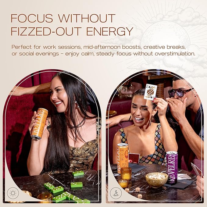 Revelre Functional Social Tonic with Ketones and Adaptogens - Mindful Blend for Focus and Calm - Ketones Magnesium B12 Reishi &amp Cordyceps Mushrooms - Non Alcoholic - Peach Ginger 12 oz (4 Pack