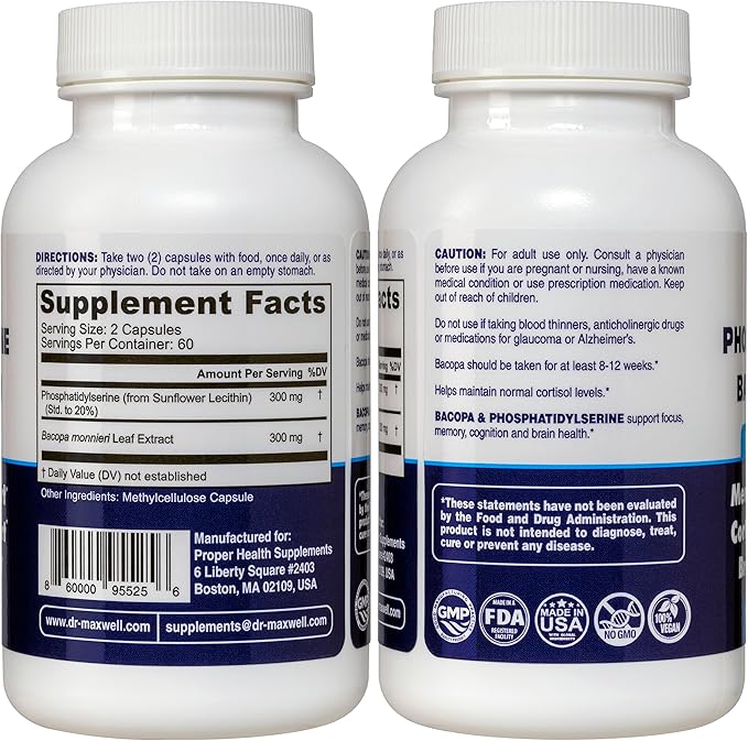 Phosphatidylserine &amp Bacopa Monnieri Better Than Each Alone. Phosphatidylserine Supplement 300mg No Fillers Soy Free 2in1 120 Capsules. Memory Support