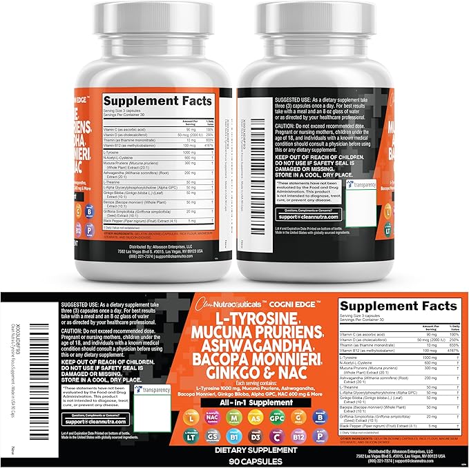 Clean Nutraceuticals L Tyrosine Mucuna Pruriens Bacopa Monnieri Ashwagandha Focus Supplement w/N-Acetyl Cysteine NAC 5-HTP Ginkgo Biloba Alpha GPC Vitamin C D B1 B12