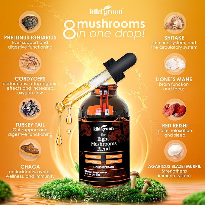 Kiki Green 8 Mushrooms Liquid Extract Drops - Adaptogenic Complex for Cognitive Support Immunity Boost - Lions Mane Supplement Cordyceps Chaga Reishi Shiitake Maitake Red Reishi