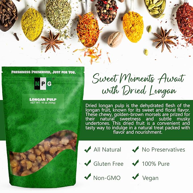NPG Dried Longan Pulp 16 Oz Meat Fruit Gui Yuan Lung Gan No Additives Edible Perfect for Teas Snacks Desserts Cooking Premium Quality Dragon Eye