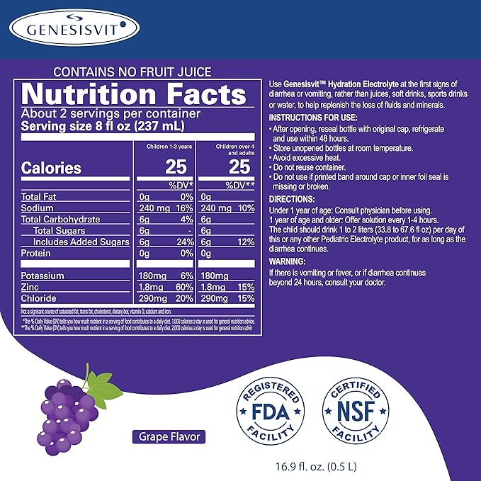 ALFA VITAMINS GenesisVit Electrolyte Hydration Solution Drink with Sodium Potassium &amp Chloride Supports Hydration &amp Immune Health Grape Flavor 12 Bottles 16.9 fl oz Each 12 Pack