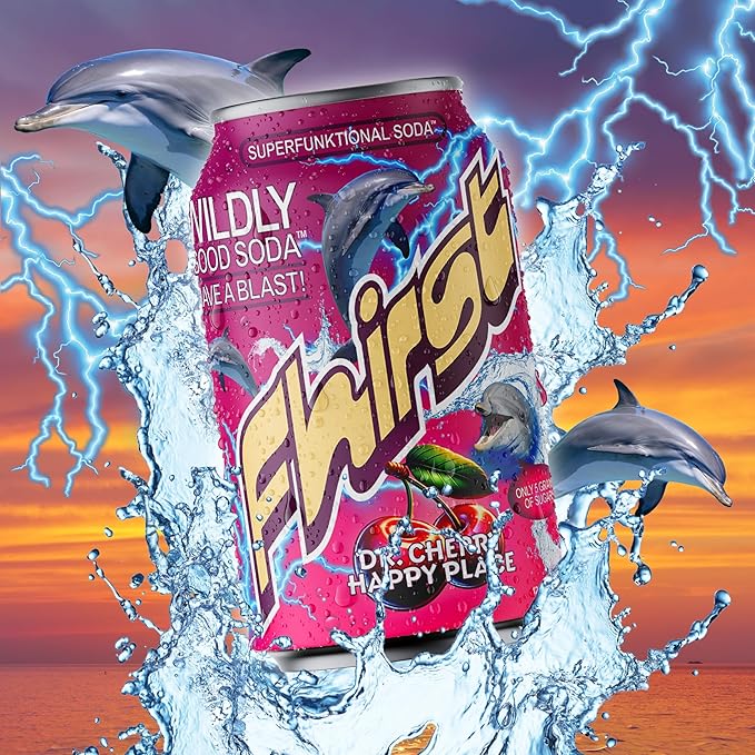 Fhirst Probiotic &amp Prebiotic Dr. Cherry Happy Place Gluten Free &amp Low Sugar Sparkling Drink with Electrolytes &amp Botanicals Gut Health Support Vegan Caffeine Free Non GMO 12 FL OZ Cans