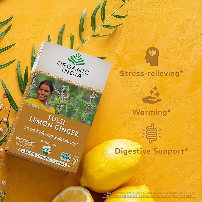 Organic India Tulsi Lemon Ginger Herbal Tea - Stress Relieving &amp Reviving Immune Support Aids Digestion Vegan USDA Certified Organic Non-GMO Caffeine-Free - 18 Infusion Bags 3 Pack