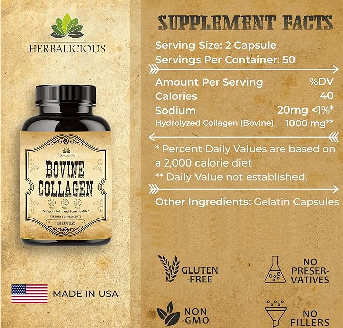 HERBALICIOUS Bovine Collagen Supplements for Men and Women | Hydrolyzed Grass-Fed Bovine Collagen Peptides | Joint Nerve &amp Bone Support | Non-GMO Anti-Aging | 100 Capsules