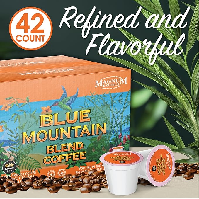 Magnum Exotics Coffee Blue Mountain Blend - Light-Medium Roast Ground Coffee Pods Single Serve Made With 100% Arabica Beans Freshly Roasted Mild Acidity - 42 Count (Pack of 1)