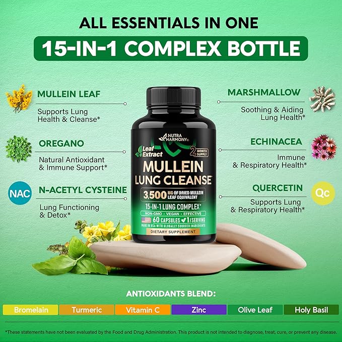 Mullein Lung Detox - Mullein Leaf Extract - Marshmallow Root | Echinacea | Oregano | Quercetin | NAC - 15-in-1 Lung Support &amp Cleanse for Smokers Supplement - Made in USA - As Drops - 60 Capsules