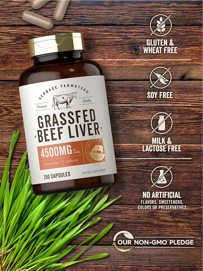 Carlyle Grass Fed Beef Liver Capsules | 4500mg | 250 Count | Desiccated Supplement | Non-GMO Gluten Free | by Herbage Farmstead