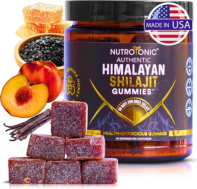 NutroTonic® Organic Himalayan Shilajit Gummies – Peach Vanilla Flavor – Shilajit for Men &amp Women – Wild Crafted Manuka Honey MGO +263 – Made in USA – 30 Gummies