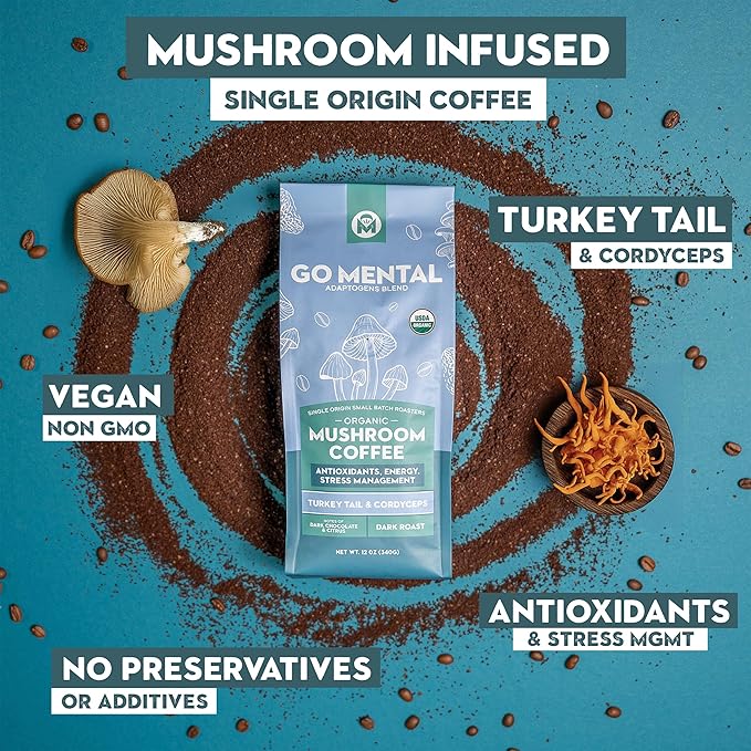 Organic Turkey Tail &amp Cordyceps Mushroom Coffee Dark Roast Antioxidants Immune System Support overall wellness Grade 1 Single Origin Peruvian | 12oz - Ground (2 Pack)