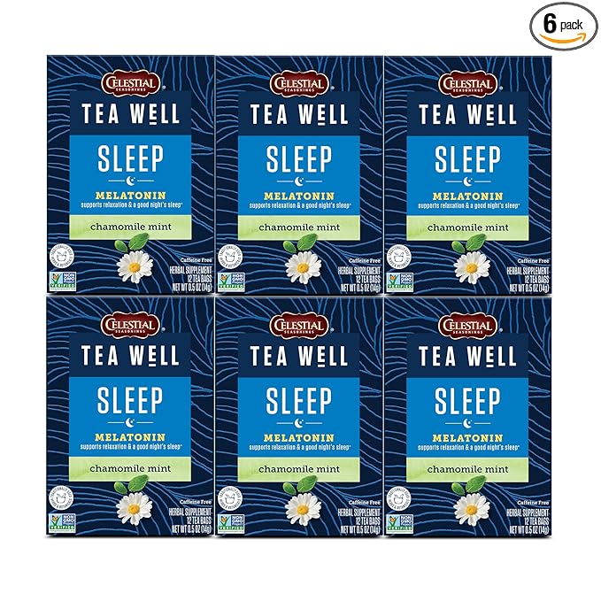 Celestial Seasonings TeaWell Herbal Tea Sleep with Melatonin Chamomile Mint Caffeine Free Wellness Tea 12 Tea Bags (Pack of 6)