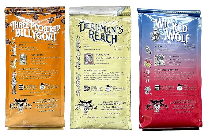 Raven's Brew Whole Bean Coffee Variety Pack - 3 Delicious Flavors - Wicked Wolf Three Peckered Billy Goat and Deadman's Reach - 12 oz each